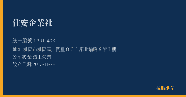住安企業社的照片-統編 02911433(桃園市) 公司登記資料與營業項目詳細圖表