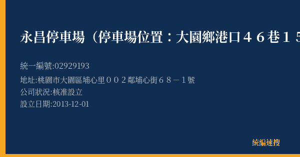 永昌停車場(停車場位置:大園鄉港口46巷15號龍泉餐廳對面)的照片-統編 02929193(桃園市) 公司登記資料與營業項目詳細圖表