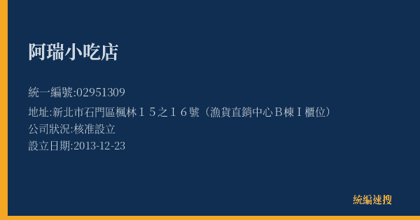 阿瑞小吃店的照片-統編 02951309(新北市) 公司登記資料與營業項目詳細圖表