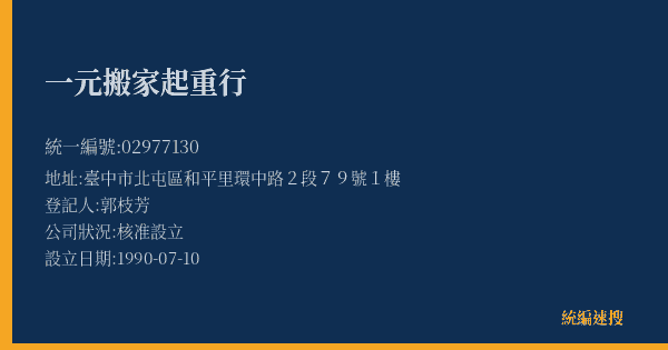 一元搬家起重行的照片-統編 02977130(臺中市) 公司登記資料與營業項目詳細圖表