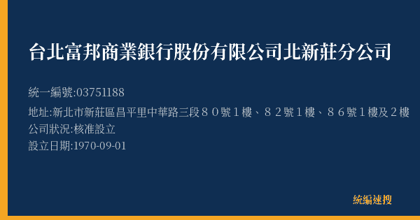台北富邦商業銀行股份有限公司北新莊分公司的照片-統編 03751188(新北市) 公司登記資料與營業項目詳細圖表