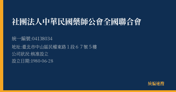 社團法人中華民國藥師公會全國聯合會的照片-統編 04138034(臺北市) 公司登記資料與營業項目詳細圖表