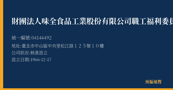財團法人味全食品工業股份有限公司職工福利委員會的照片-統編 04144492(臺北市) 公司登記資料與營業項目詳細圖表