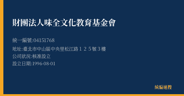 財團法人味全文化教育基金會的照片-統編 04151768(臺北市) 公司登記資料與營業項目詳細圖表