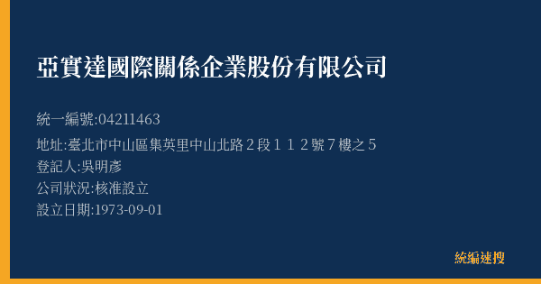 亞實達國際關係企業股份有限公司的照片-統編 04211463(臺北市) 公司登記資料與營業項目詳細圖表