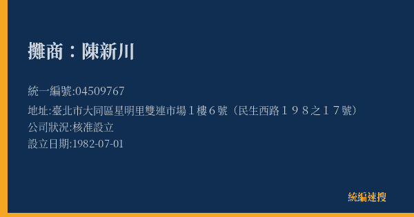 攤商:陳新川的照片-統編 04509767(臺北市) 公司登記資料與營業項目詳細圖表