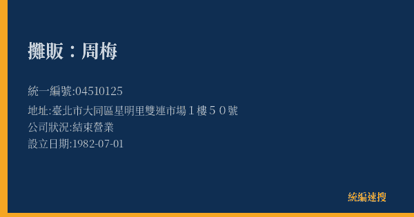 攤販:周梅的照片-統編 04510125(臺北市) 公司登記資料與營業項目詳細圖表
