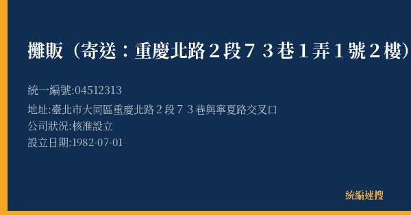 攤販(寄送:重慶北路2段73巷1弄1號2樓)的照片-統編 04512313(臺北市) 公司登記資料與營業項目詳細圖表