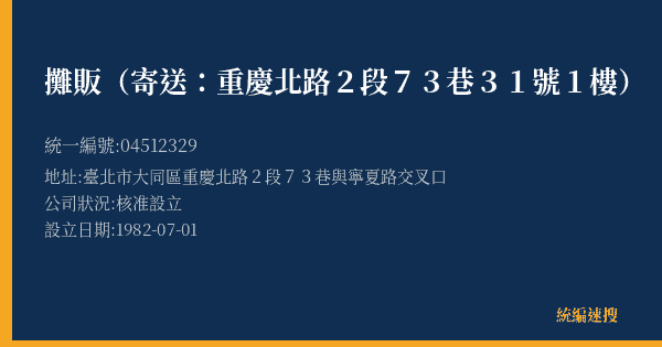 攤販(寄送:重慶北路2段73巷31號1樓)的照片-統編 04512329(臺北市) 公司登記資料與營業項目詳細圖表