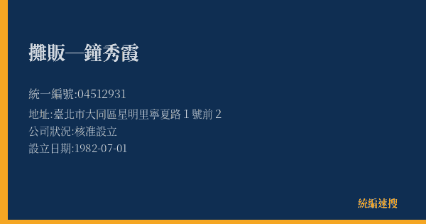 攤販─鐘秀霞的照片-統編 04512931(臺北市) 公司登記資料與營業項目詳細圖表