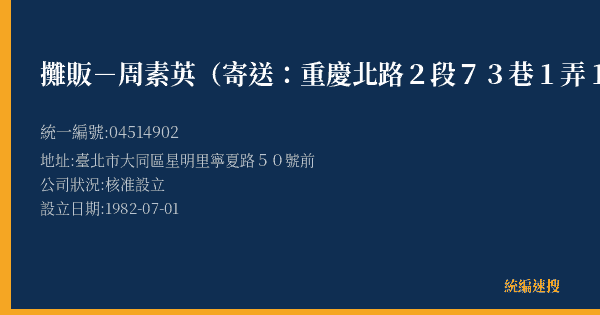 攤販-周素英(寄送:重慶北路2段73巷1弄13號)的照片-統編 04514902(臺北市) 公司登記資料與營業項目詳細圖表