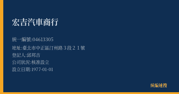 宏吉汽車商行的照片-統編 04613305(臺北市) 公司登記資料與營業項目詳細圖表
