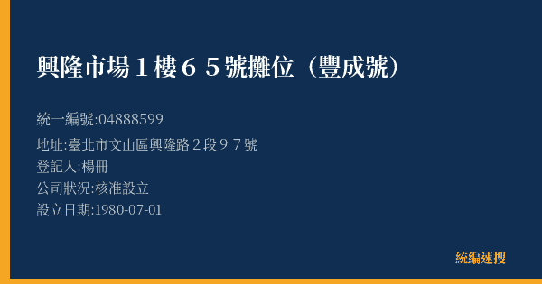 興隆市場1樓65號攤位(豐成號)的照片-統編 04888599(臺北市) 公司登記資料與營業項目詳細圖表