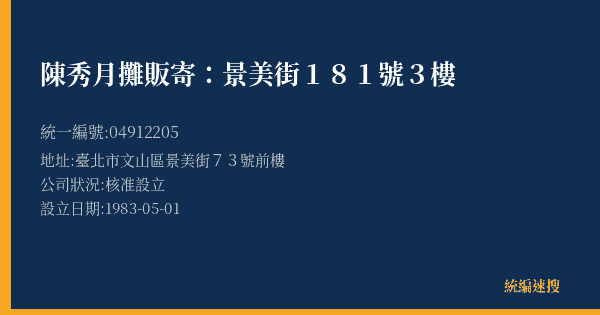 陳秀月攤販寄:景美街181號3樓的照片-統編 04912205(臺北市) 公司登記資料與營業項目詳細圖表