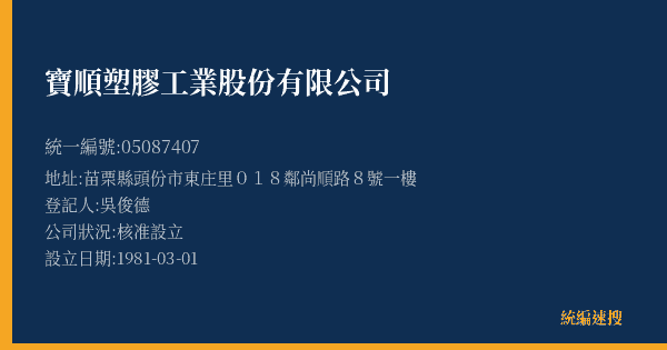 寶順塑膠工業股份有限公司的照片-統編 05087407(苗栗縣) 公司登記資料與營業項目詳細圖表