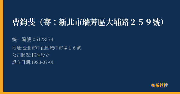 曹鈞斐(寄:新北市瑞芳區大埔路259號)的照片-統編 05128174(臺北市) 公司登記資料與營業項目詳細圖表
