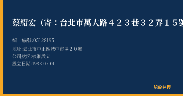 蔡紹宏(寄:台北市萬大路423巷32弄15號5樓)的照片-統編 05128195(臺北市) 公司登記資料與營業項目詳細圖表