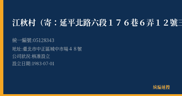 江秋村(寄:延平北路六段176巷6弄12號三樓)的照片-統編 05128343(臺北市) 公司登記資料與營業項目詳細圖表