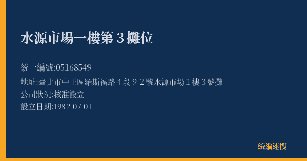 水源市場一樓第3攤位的照片-統編 05168549(臺北市) 公司登記資料與營業項目詳細圖表