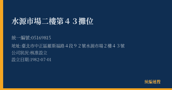 水源市場二樓第43攤位的照片-統編 05169815(臺北市) 公司登記資料與營業項目詳細圖表
