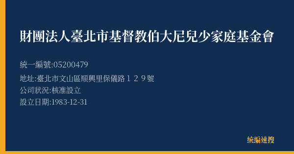 財團法人臺北市基督教伯大尼兒少家庭基金會的照片-統編 05200479(臺北市) 公司登記資料與營業項目詳細圖表