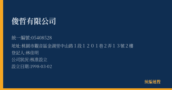 俊哲有限公司的照片-統編 05408528(桃園市) 公司登記資料與營業項目詳細圖表