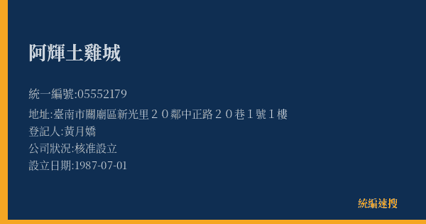 阿輝土雞城的照片-統編 05552179(臺南市) 公司登記資料與營業項目詳細圖表