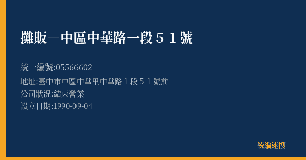攤販-中區中華路一段51號的照片-統編 05566602(臺中市) 公司登記資料與營業項目詳細圖表