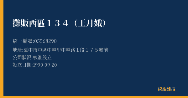 攤販西區134(王月娥)的照片-統編 05568290(臺中市) 公司登記資料與營業項目詳細圖表
