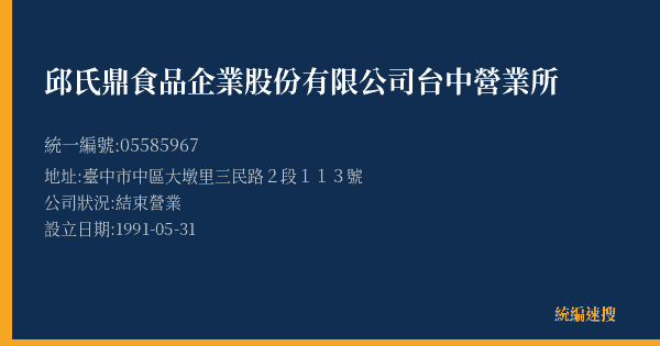 邱氏鼎食品企業股份有限公司台中營業所的照片-統編 05585967(臺中市) 公司登記資料與營業項目詳細圖表