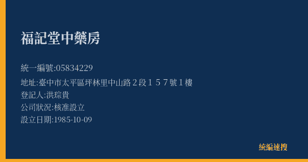 福記堂中藥房的照片-統編 05834229(臺中市) 公司登記資料與營業項目詳細圖表