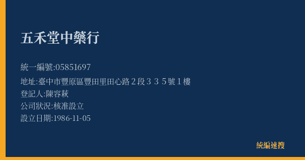 五禾堂中藥行的照片-統編 05851697(臺中市) 公司登記資料與營業項目詳細圖表