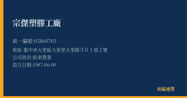 宗傑塑膠工廠的照片-統編 05860703(臺中市) 公司登記資料與營業項目詳細圖表