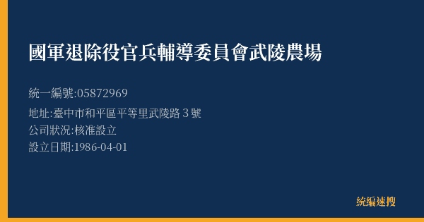 國軍退除役官兵輔導委員會武陵農場的照片-統編 05872969(臺中市) 公司登記資料與營業項目詳細圖表