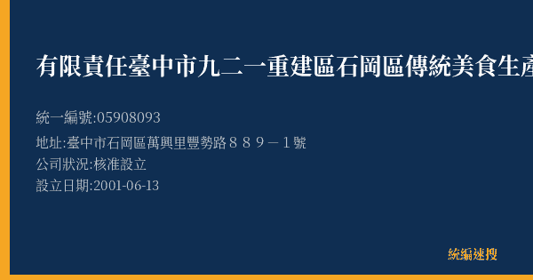 有限責任臺中市九二一重建區石岡區傳統美食生產合作社的照片-統編 05908093(臺中市) 公司登記資料與營業項目詳細圖表