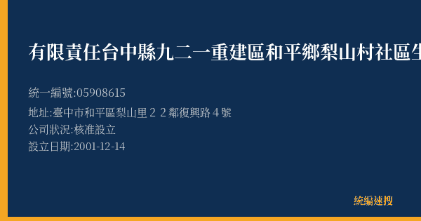 有限責任台中縣九二一重建區和平鄉梨山村社區生產合作社的照片-統編 05908615(臺中市) 公司登記資料與營業項目詳細圖表
