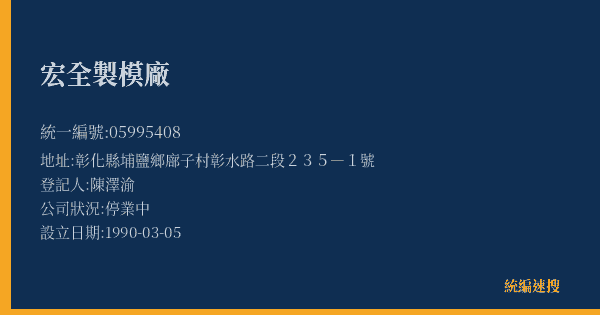 宏全製模廠的照片-統編 05995408(彰化縣) 公司登記資料與營業項目詳細圖表
