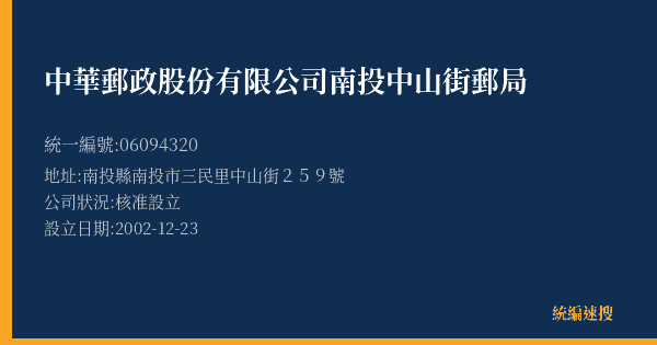 中華郵政股份有限公司南投中山街郵局的照片-統編 06094320(南投縣) 公司登記資料與營業項目詳細圖表