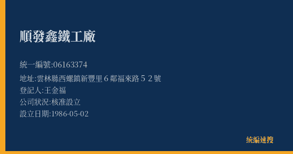 順發鑫鐵工廠的照片-統編 06163374(雲林縣) 公司登記資料與營業項目詳細圖表