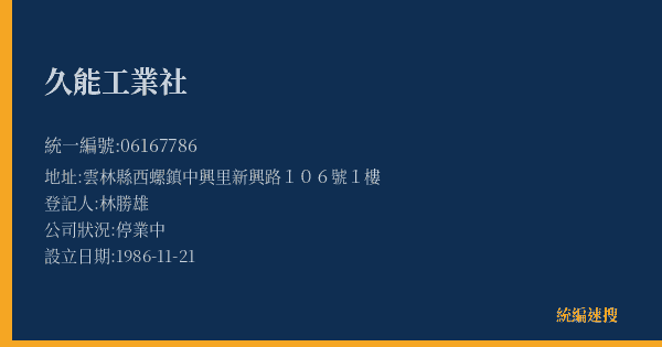 久能工業社的照片-統編 06167786(雲林縣) 公司登記資料與營業項目詳細圖表