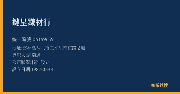 鍵呈鐵材行的照片-統編 06169659(雲林縣) 公司登記資料與營業項目詳細圖表