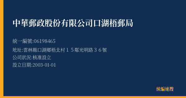 中華郵政股份有限公司口湖梧郵局的照片-統編 06198465(雲林縣) 公司登記資料與營業項目詳細圖表