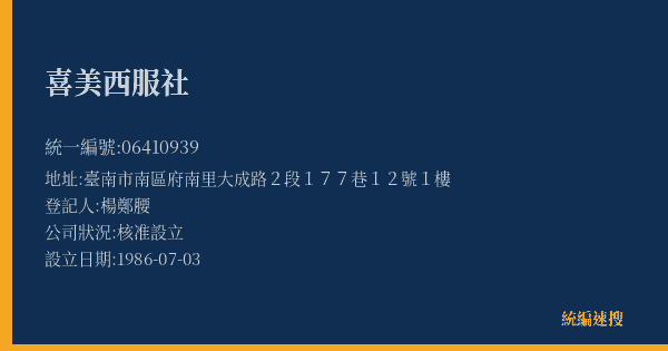 喜美西服社的照片-統編 06410939(臺南市) 公司登記資料與營業項目詳細圖表