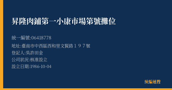 昇隆肉鋪第一小康市場第號攤位的照片-統編 06418778(臺南市) 公司登記資料與營業項目詳細圖表