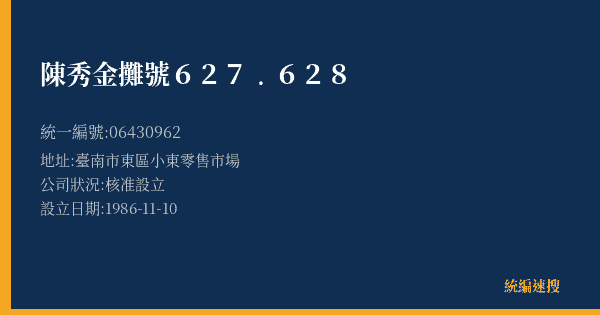 陳秀金攤號627﹒628的照片-統編 06430962(臺南市) 公司登記資料與營業項目詳細圖表