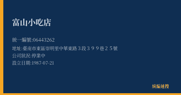 富山小吃店的照片-統編 06443262(臺南市) 公司登記資料與營業項目詳細圖表