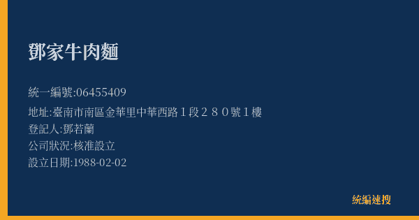 鄧家牛肉麵的照片-統編 06455409(臺南市) 公司登記資料與營業項目詳細圖表