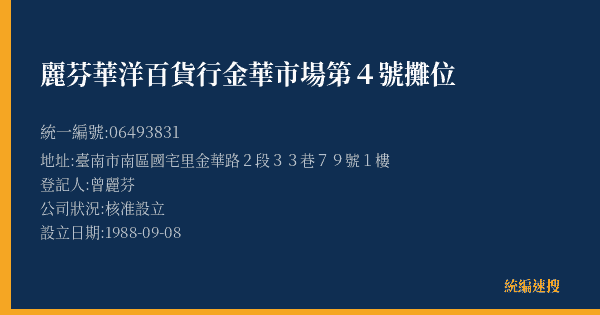 麗芬華洋百貨行金華市場第4號攤位的照片-統編 06493831(臺南市) 公司登記資料與營業項目詳細圖表