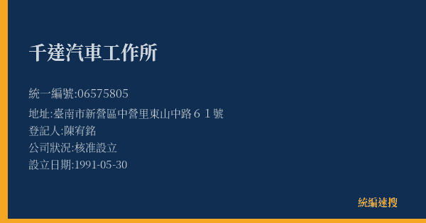 千達汽車工作所的照片-統編 06575805(臺南市) 公司登記資料與營業項目詳細圖表