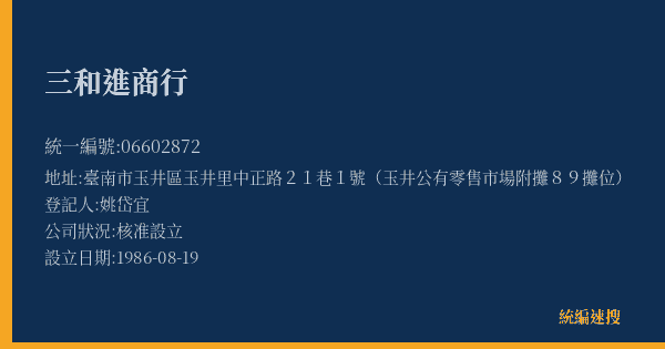 三和進商行的照片-統編 06602872(臺南市) 公司登記資料與營業項目詳細圖表